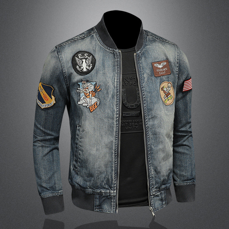Baseball collar denim jacket Men's slim fit embroidered badge denim jacket tops - Image 3
