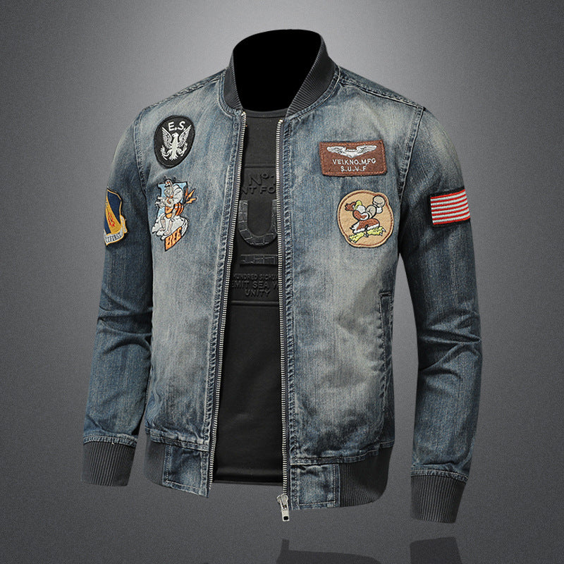 Baseball collar denim jacket Men's slim fit embroidered badge denim jacket tops - Image 4