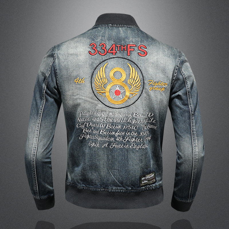 Baseball collar denim jacket Men's slim fit embroidered badge denim jacket tops - Image 5