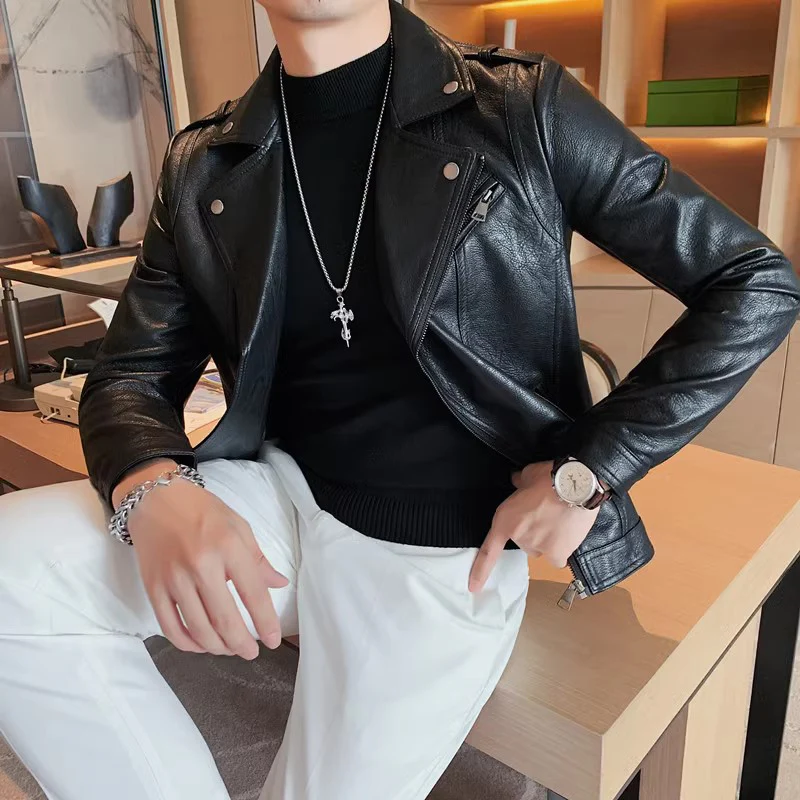 Korean style men's oblique zipper suit collar leather jacket - Image 3
