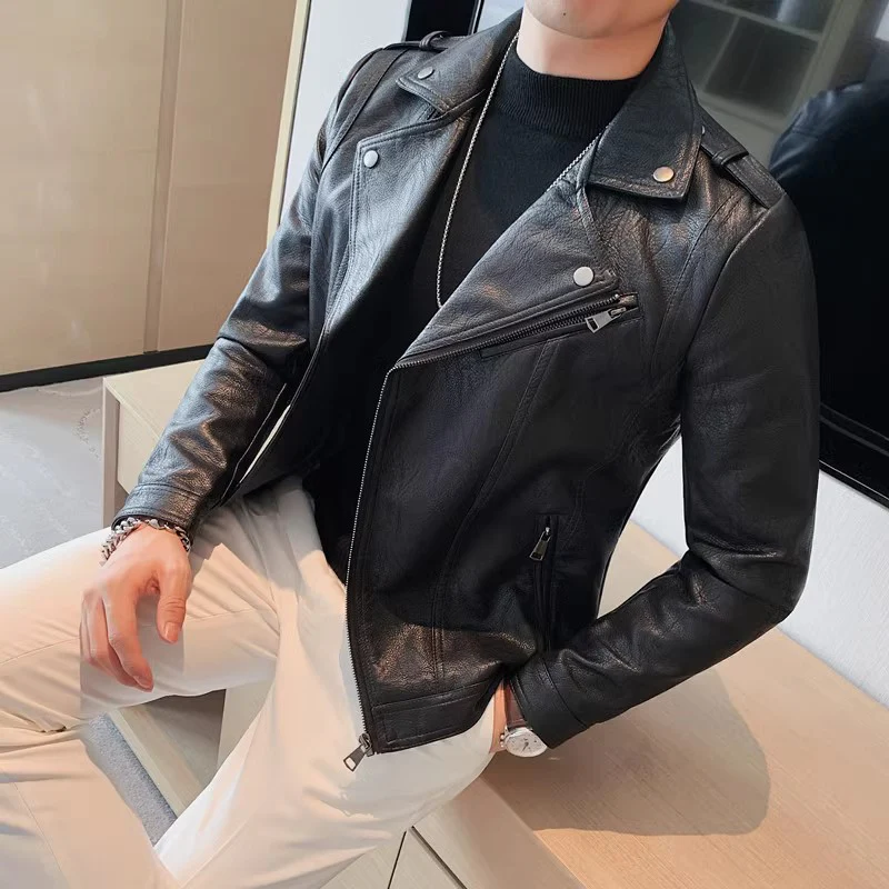 Korean style men's oblique zipper suit collar leather jacket - Image 4