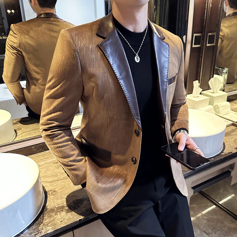 Leather suit jacket, textured suede suit, thick coffee color - Image 3