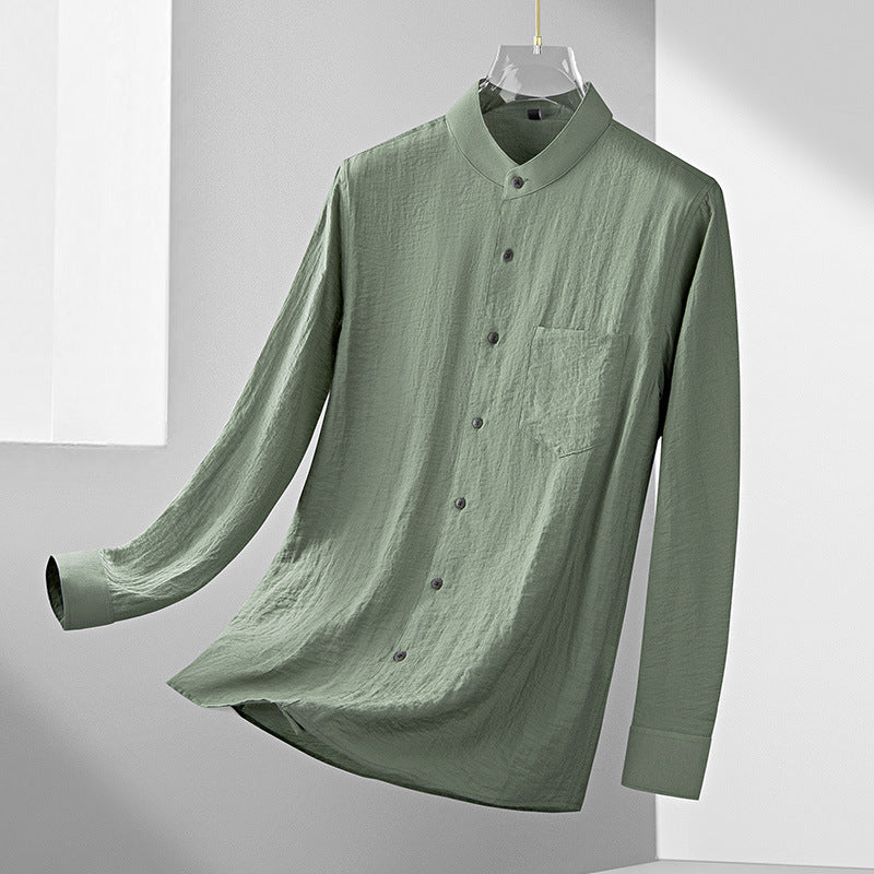 Linen shirt men's cotton and linen long-sleeved stand-up collar shirt white loose Japanese retro top - Image 3