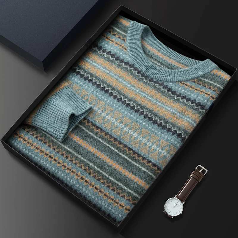 Men's Cashmere Sweater Round Neck Short Retro Striped Loose Knitted Bottoming Sweater - Image 3