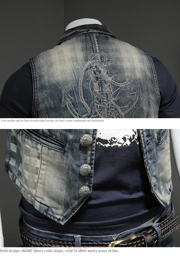 Men's denim vest, denim suit, men's embroidery vest - Image 4