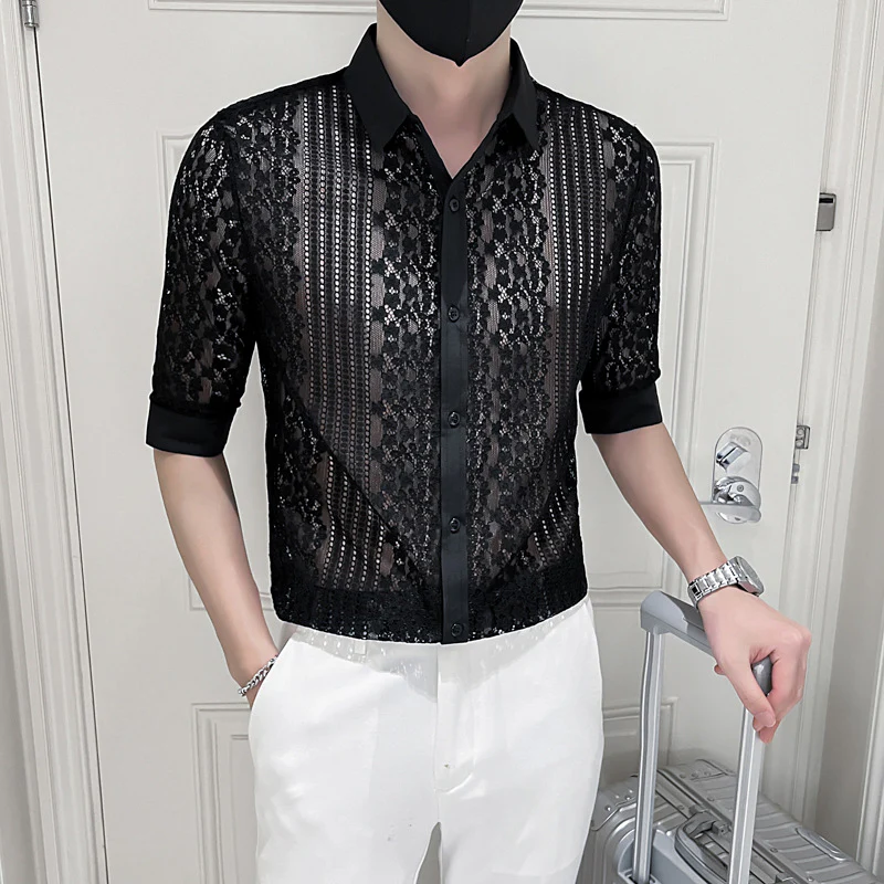 Men's designer niche personality lace hollow short-sleeved shirt - Image 3