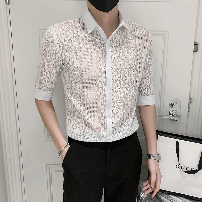 Men's designer niche personality lace hollow short-sleeved shirt - Image 5