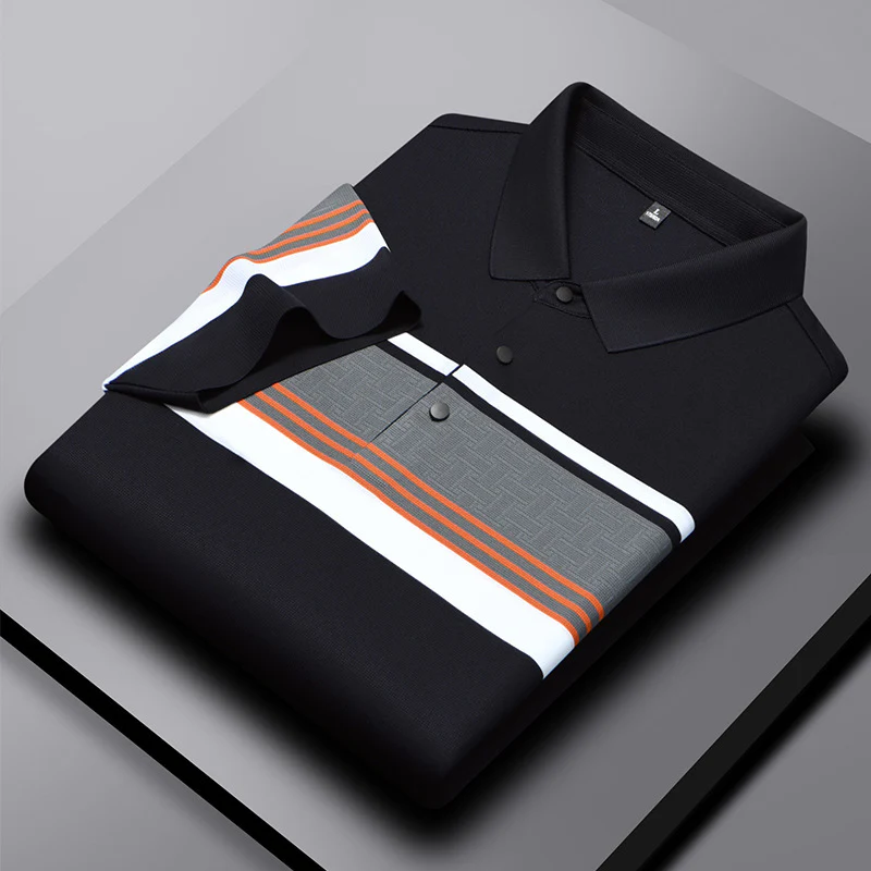 Men's high-end casual comfortable short-sleeved T-shirt men's wide striped fashion polo shirt - Image 3