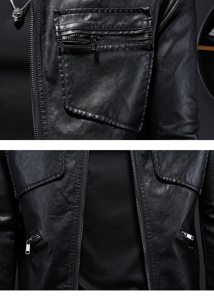 Men's Lapel Motorcycle Leather Jacket Slim Fit Trendy Men's PU Leather Jacket - Image 3