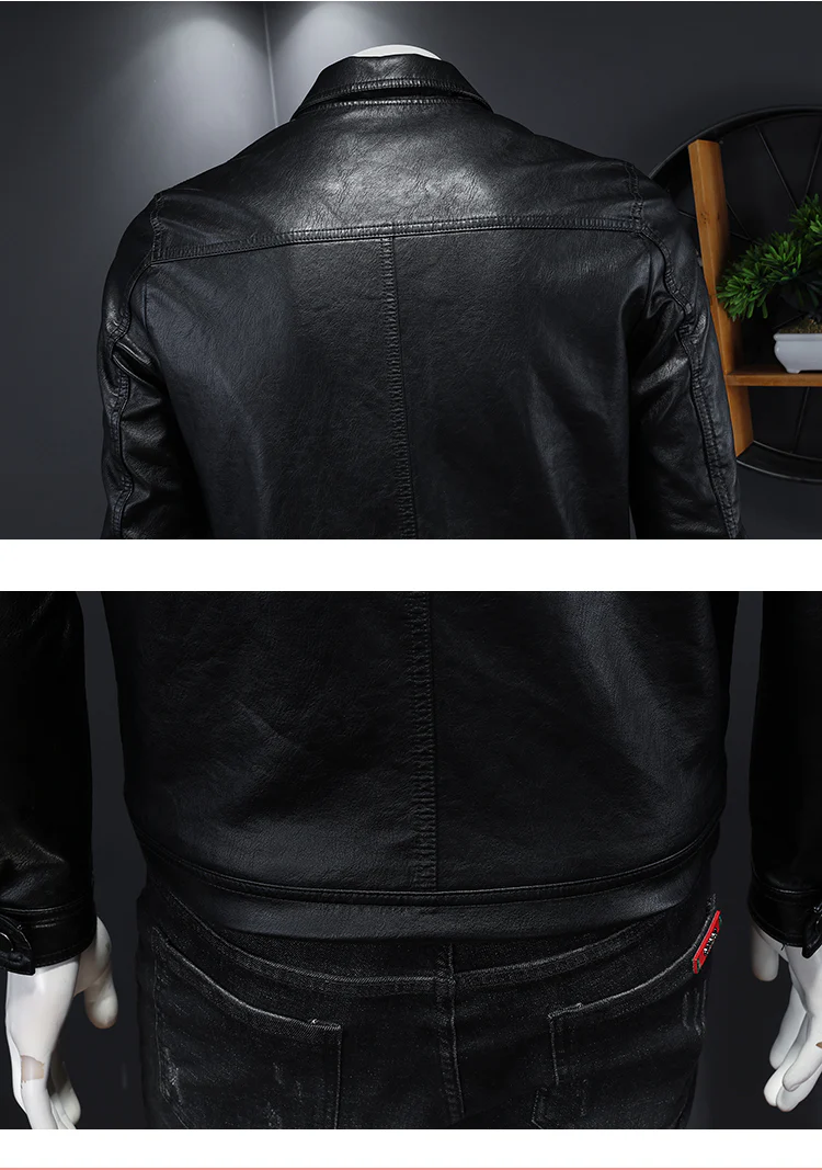 Men's Lapel Motorcycle Leather Jacket Slim Fit Trendy Men's PU Leather Jacket - Image 4