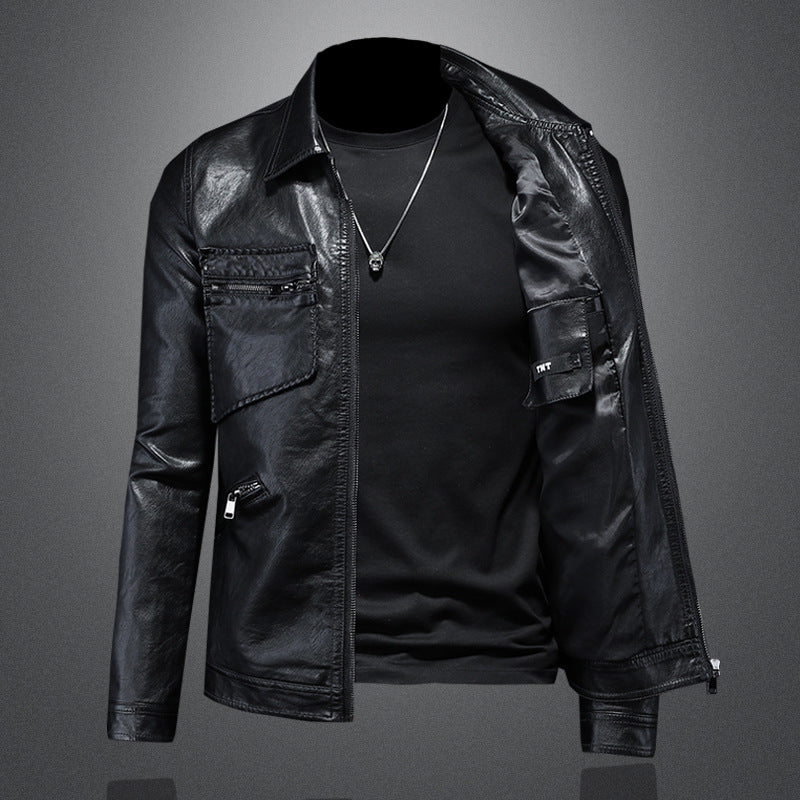Men's Lapel Motorcycle Leather Jacket Slim Fit Trendy Men's PU Leather Jacket - Image 5