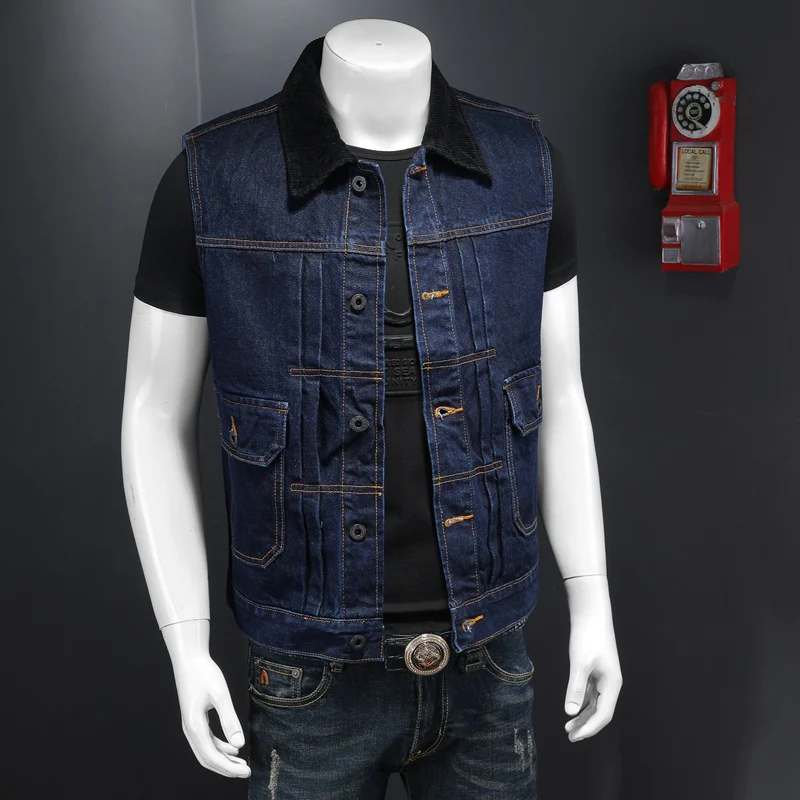 Men's large pocket stitching raw lapel denim vest - Image 3