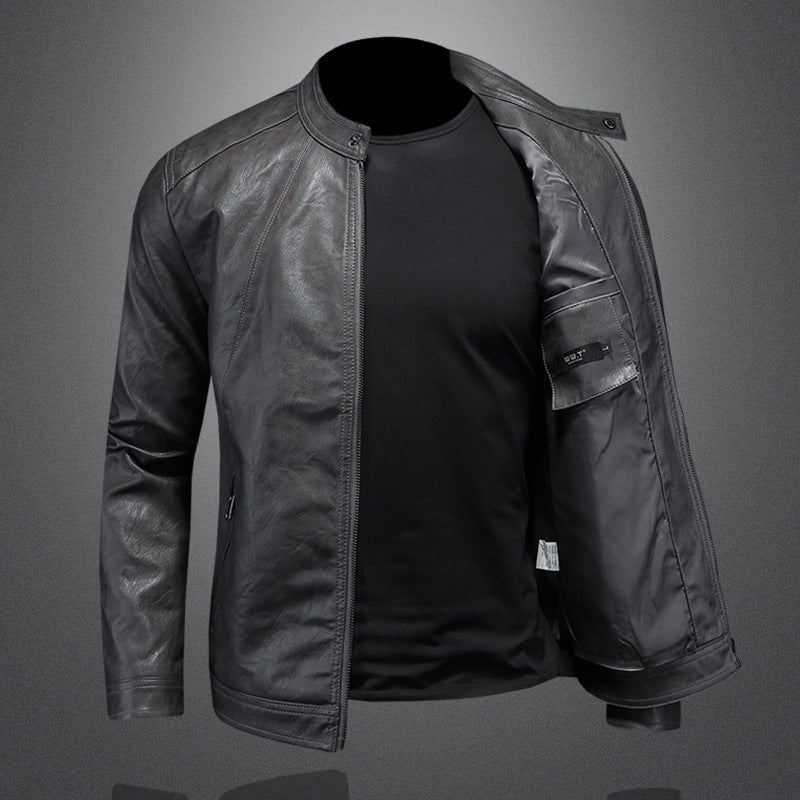 Men's slim-fit stand collar leather jacket - Image 3