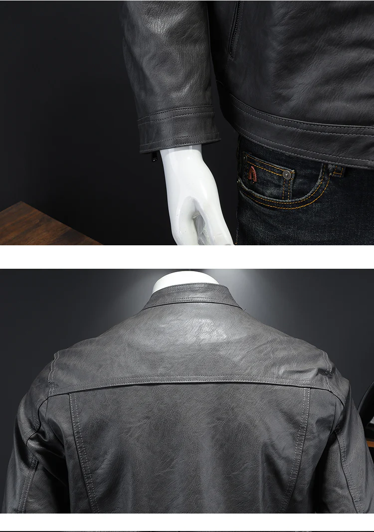 Men's slim-fit stand collar leather jacket - Image 4