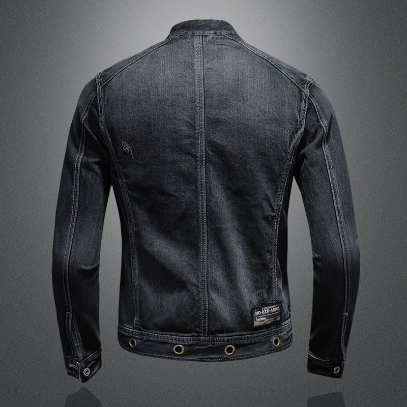 Men's Stand Collar Dark Blue Retro Zipper Denim Jacket - Image 3