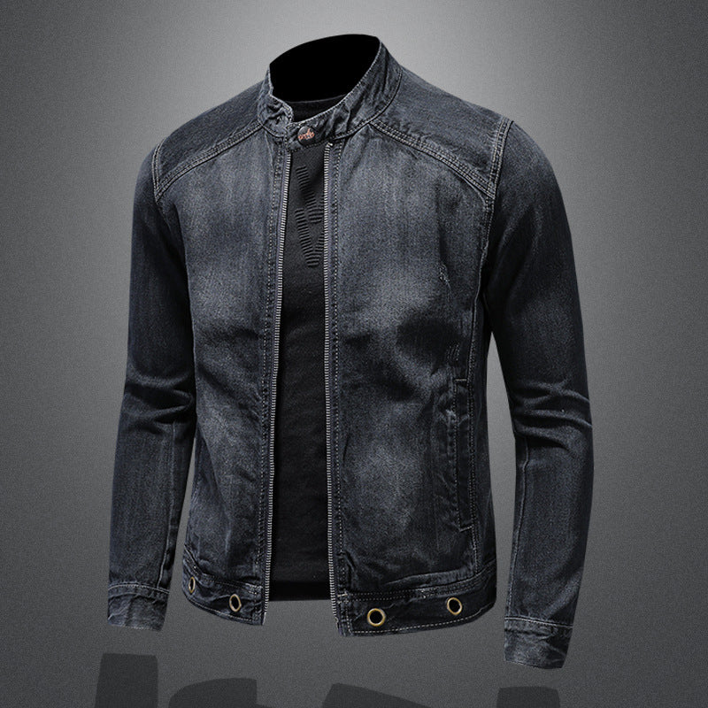 Men's Stand Collar Dark Blue Retro Zipper Denim Jacket - Image 4