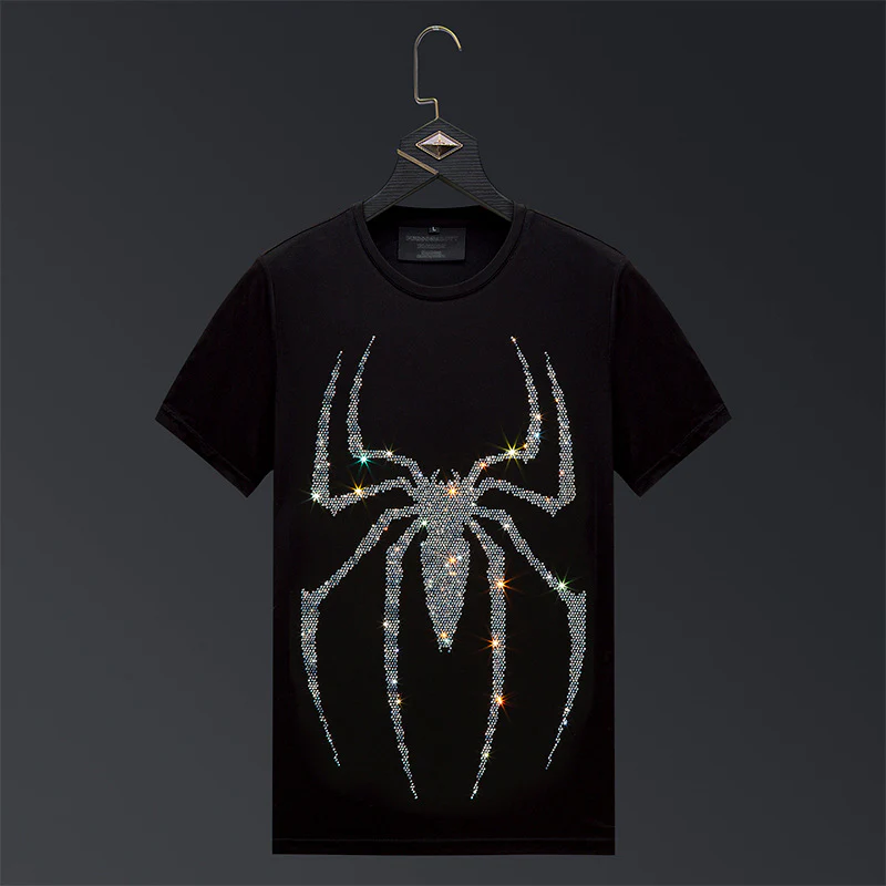 Men's summer suit with heavy-duty rhinestone mercerized cotton t-shirt and ice silk casual pants - Image 3