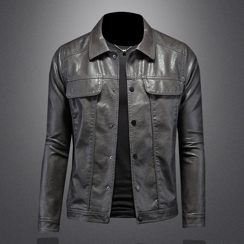 New autumn and winter men's lapel motorcycle leather jacket slim fit trendy men - Image 3