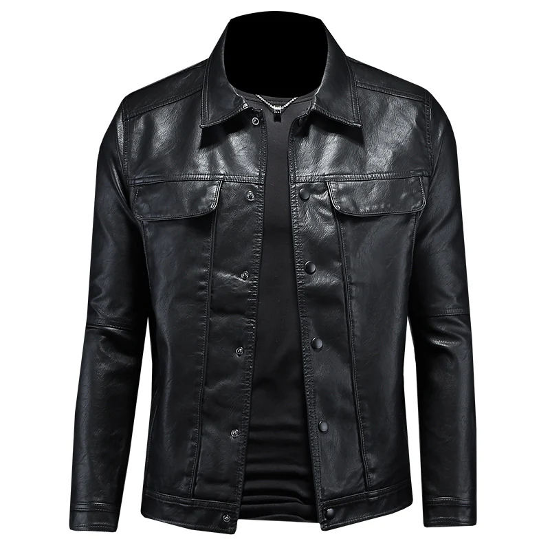 New autumn and winter men's lapel motorcycle leather jacket slim fit trendy men - Image 5