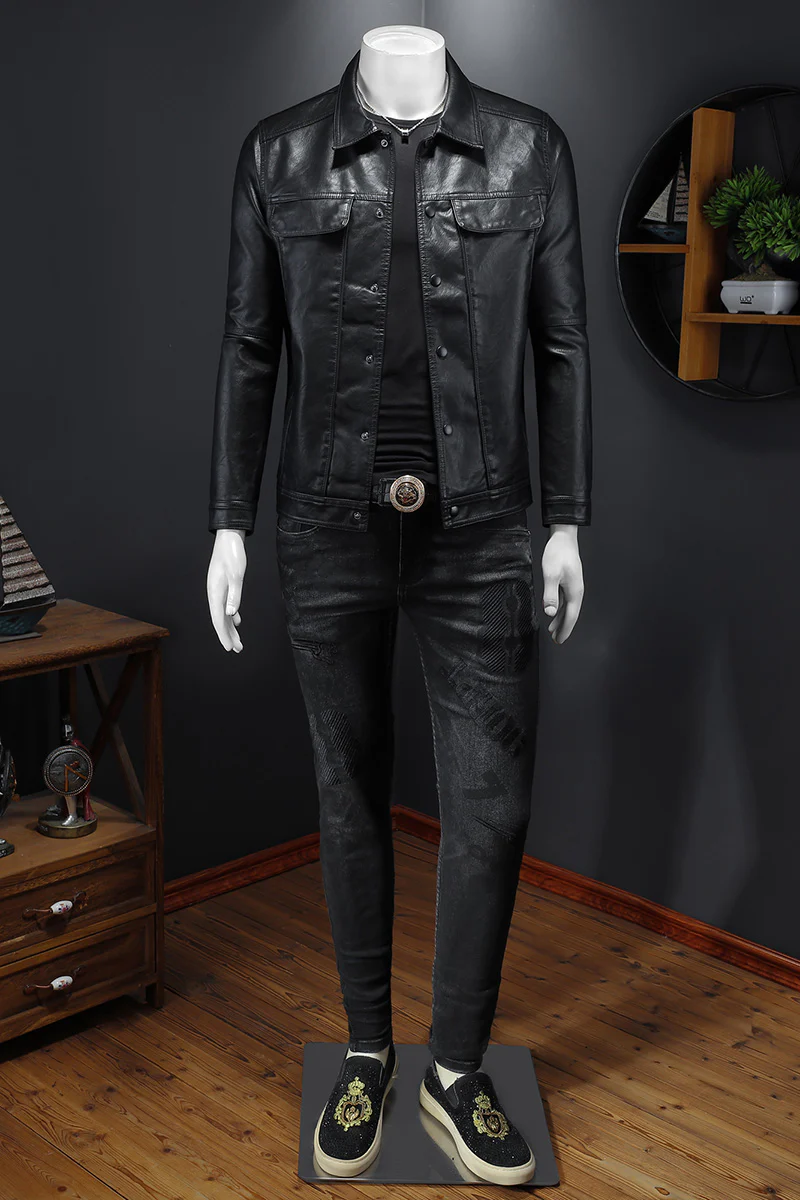 New autumn and winter men's lapel motorcycle leather jacket slim fit trendy men - Image 6