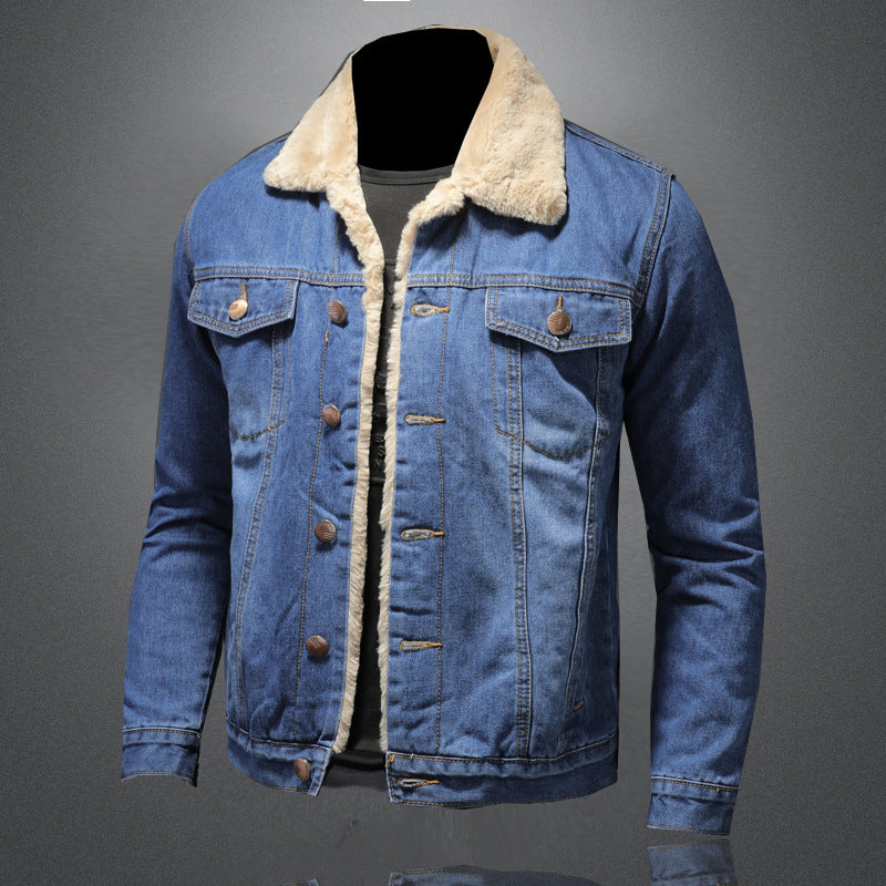 Plush and thickened warm denim jacket Men's plus size simple denim jacket - Image 3