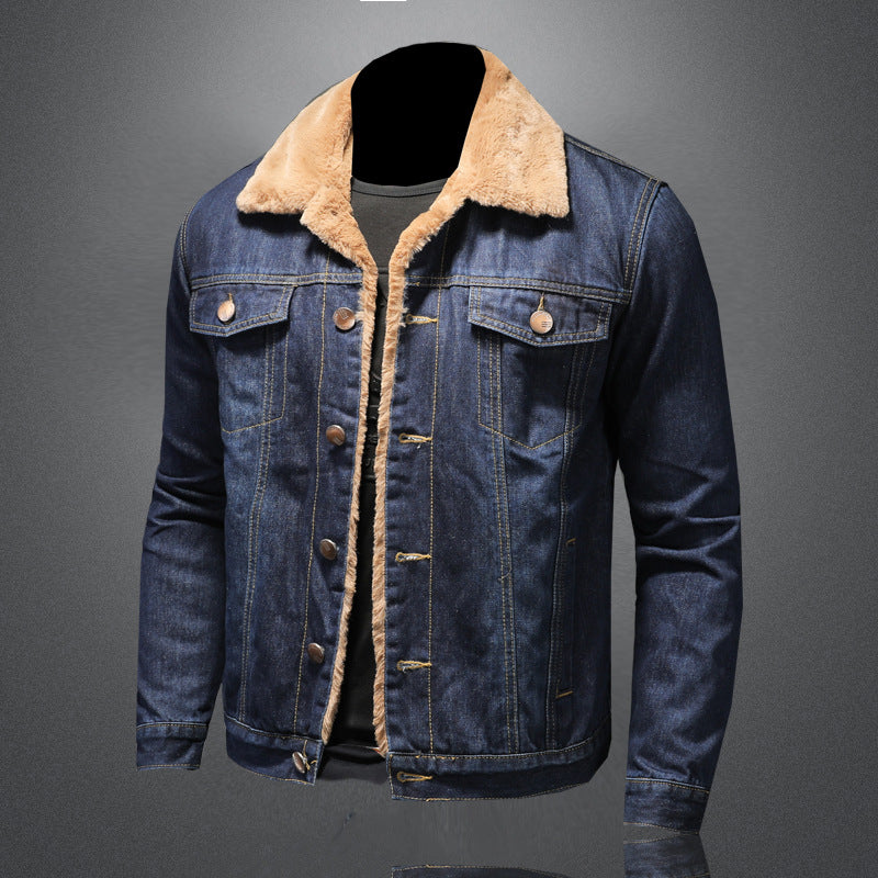 Plush and thickened warm denim jacket Men's plus size simple denim jacket - Image 4
