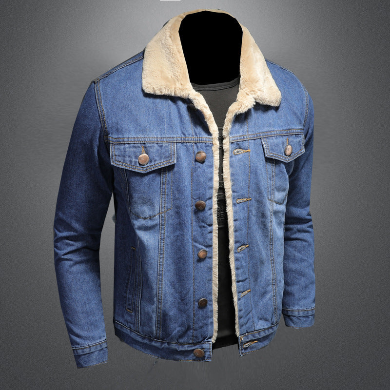 Plush and thickened warm denim jacket Men's plus size simple denim jacket - Image 5