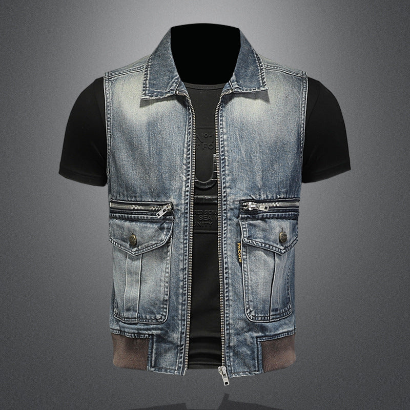 Retro large pocket zipper lapel denim vest for boys trendy vest - Image 3