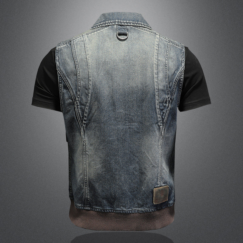 Retro large pocket zipper lapel denim vest for boys trendy vest - Image 4