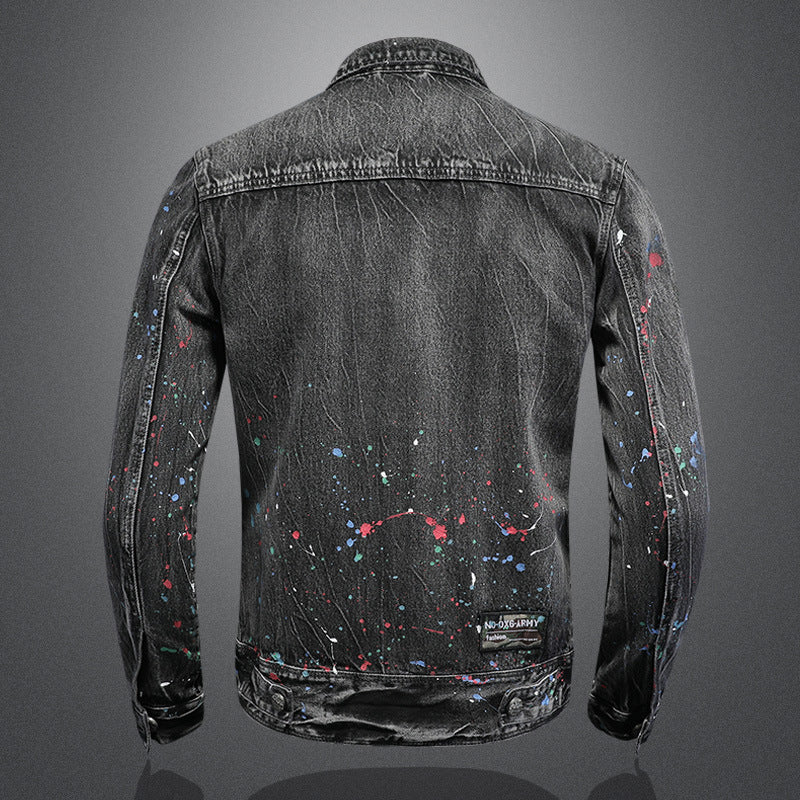 Spray Paint Zipper Denim Jacket Trendy Fashion Lapel Denim Jacket - Image 3