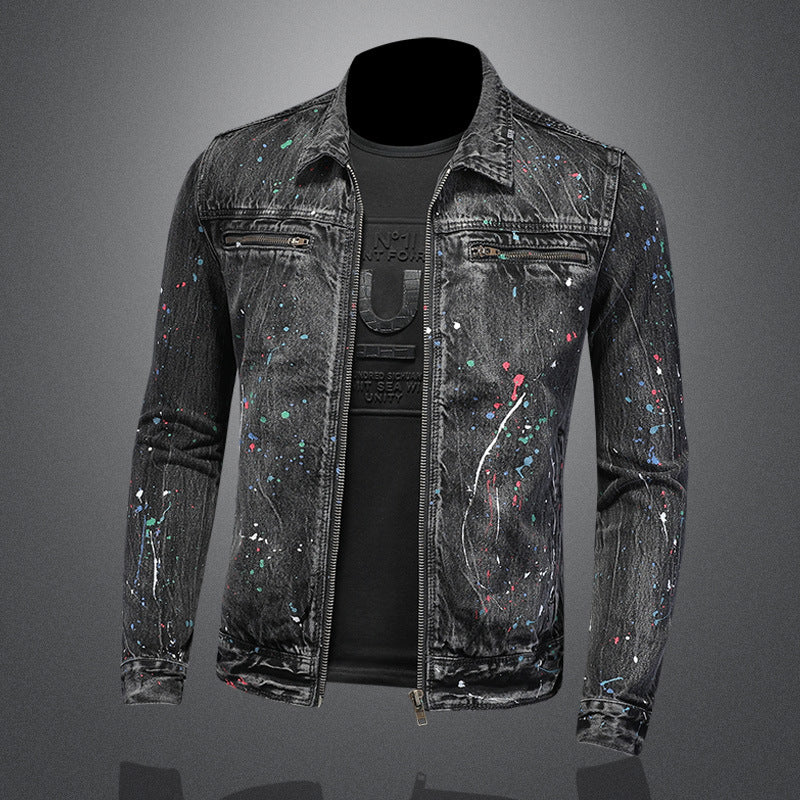 Spray Paint Zipper Denim Jacket Trendy Fashion Lapel Denim Jacket - Image 4
