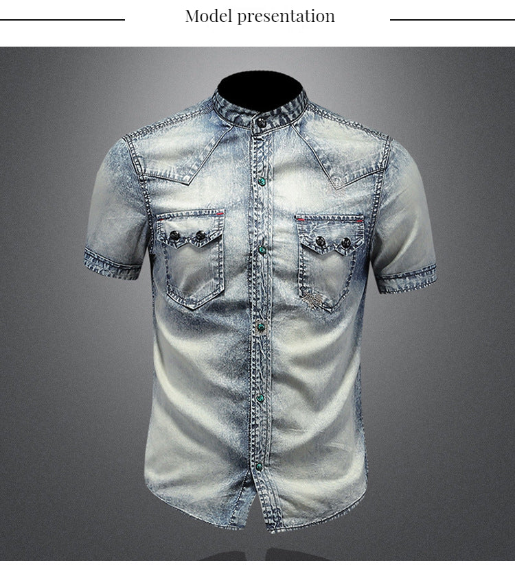 Men's denim short sleeve lining Vintage washed denim shirt summer - Image 3