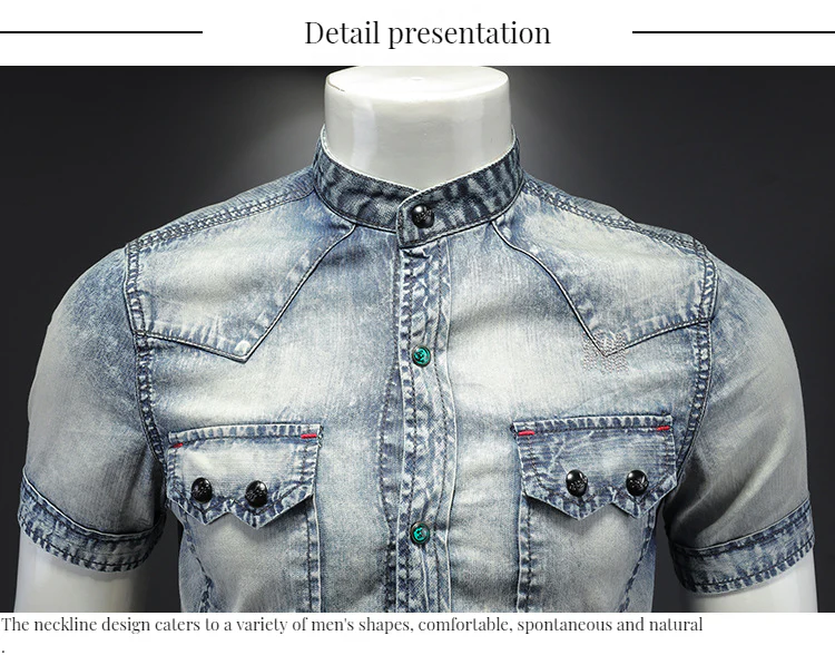 Men's denim short sleeve lining Vintage washed denim shirt summer - Image 4
