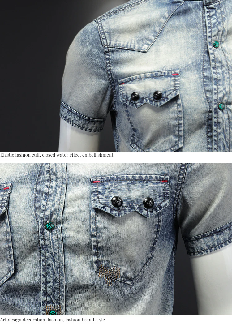 Men's denim short sleeve lining Vintage washed denim shirt summer - Image 5
