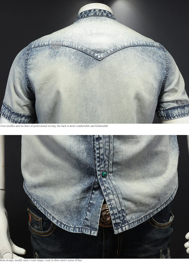 Men's denim short sleeve lining Vintage washed denim shirt summer - Image 6