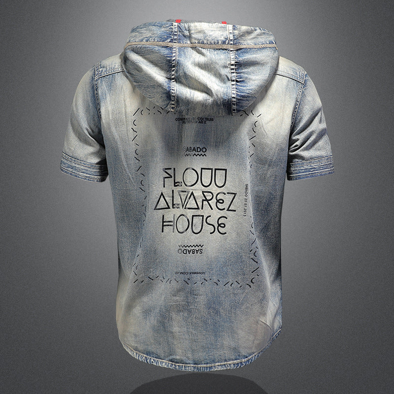 Summer trend men's short-sleeved hooded denim casual shirt retro slim handsome casual - Image 3
